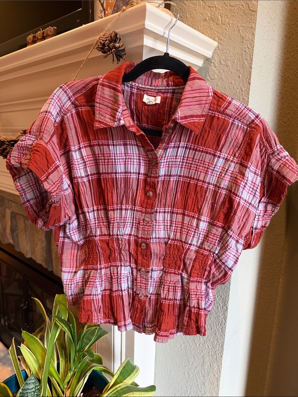Anthropologie Pilcro The Bobbie Short sleeve Fitted Waist Plaid Bouse Small Peti